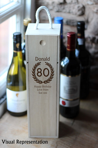 Personalised Single Wooden birthday wine box, includes a choice of wine.