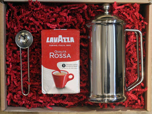 Personalised 4 cup Stainless Steel Cafetiere with Lavazza coffee set