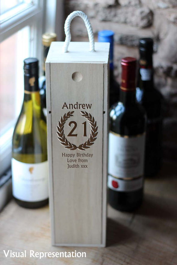 Personalised Single Wooden 21st birthday wine box, includes a choice of wine.