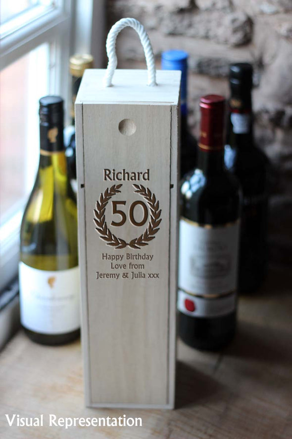 Personalised Single Wooden 50th birthday wine box, includes a choice of wine.